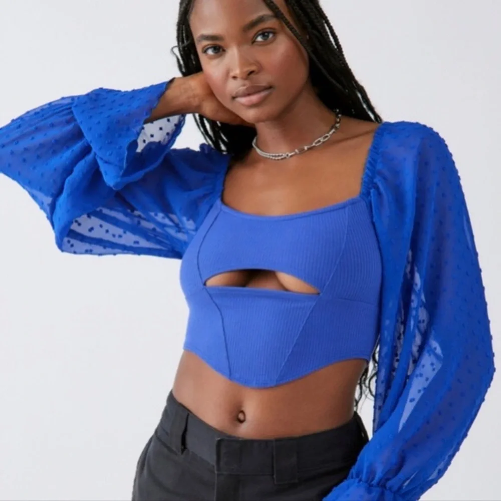 Urban Outfitters Women XXL Blue Puff Sleeve Cutout Mirabel Bustier Crop Blouse
